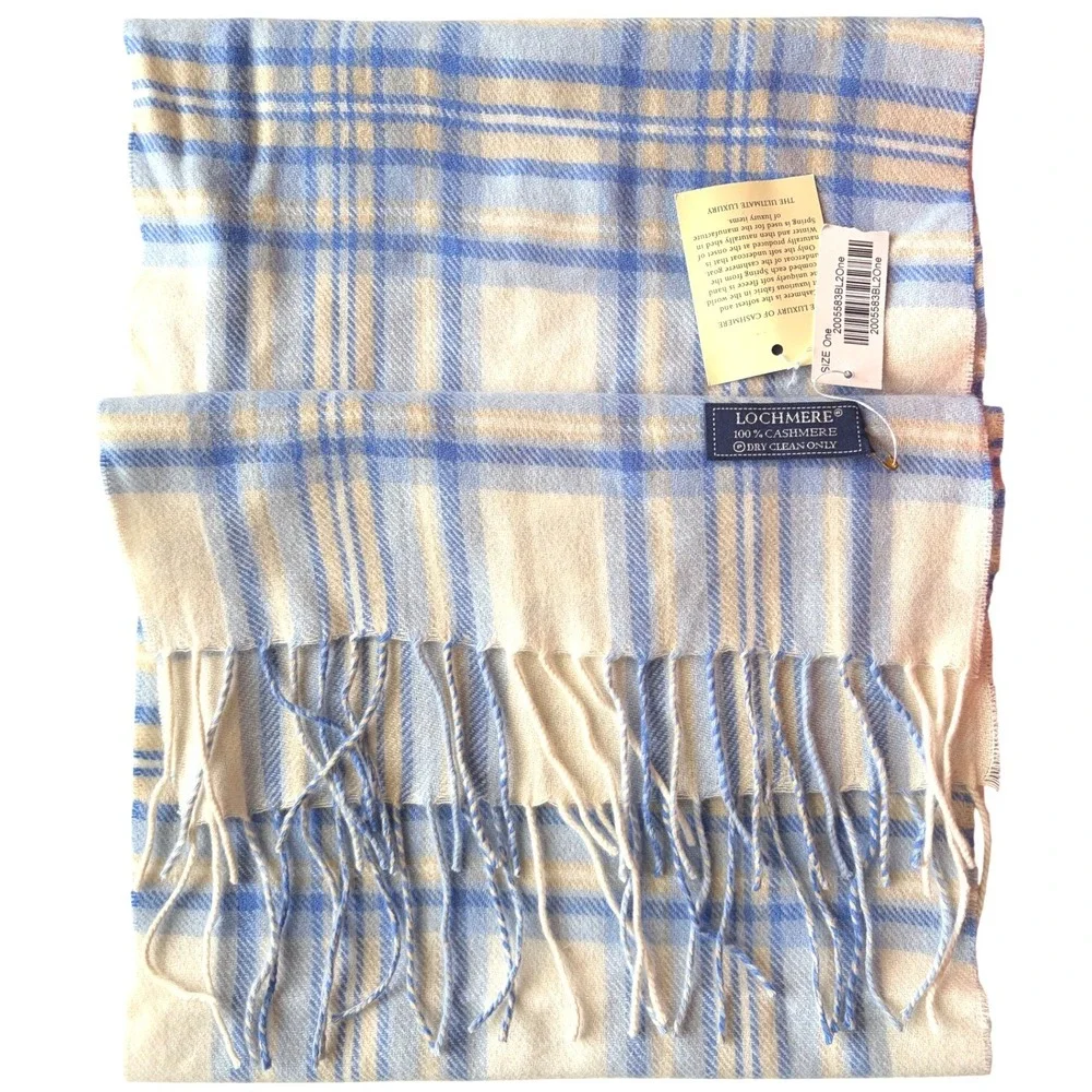 Lochmere Scarf Plaid 100% Cashmere Fringe Soft Luxury Blue Cream Tan One Size